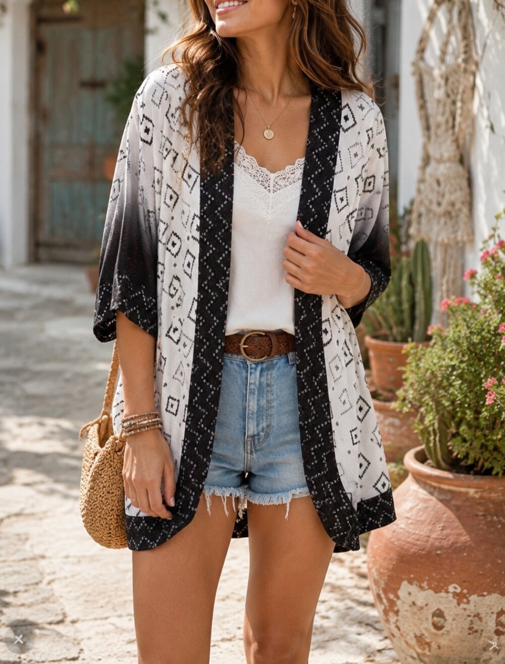 Urban Outfitters Ecote Black White Geometric Kimono Cardigan Oversized Festival
